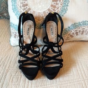 Miu Miu by Prada Black Velvet High Heel Luxury Platform Shoes Size 36.5 Size 6